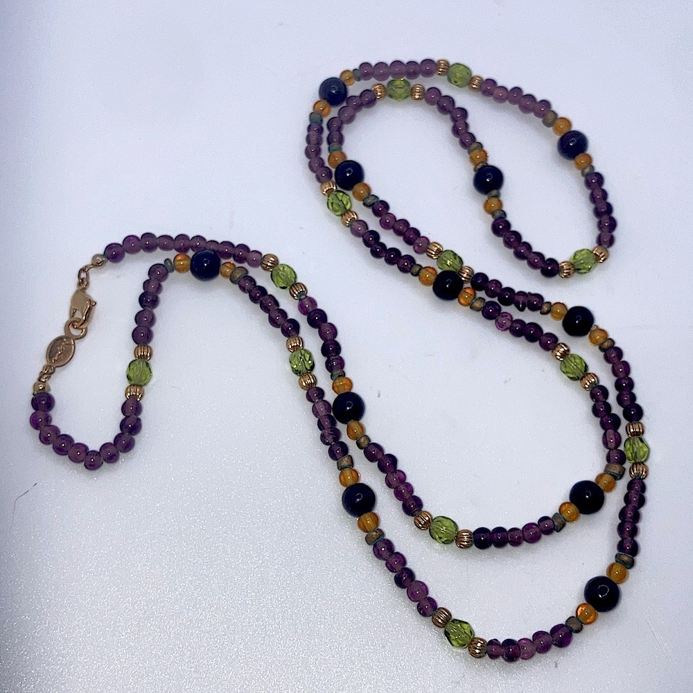 Vtg Napier Glass Bead & Crystal Beaded Jewel Tone Long Necklace / 35”